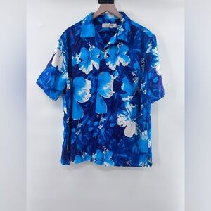 Island Republic 100% Silk Blue and White Floral Hawaiian Print Men's Shirt XL
